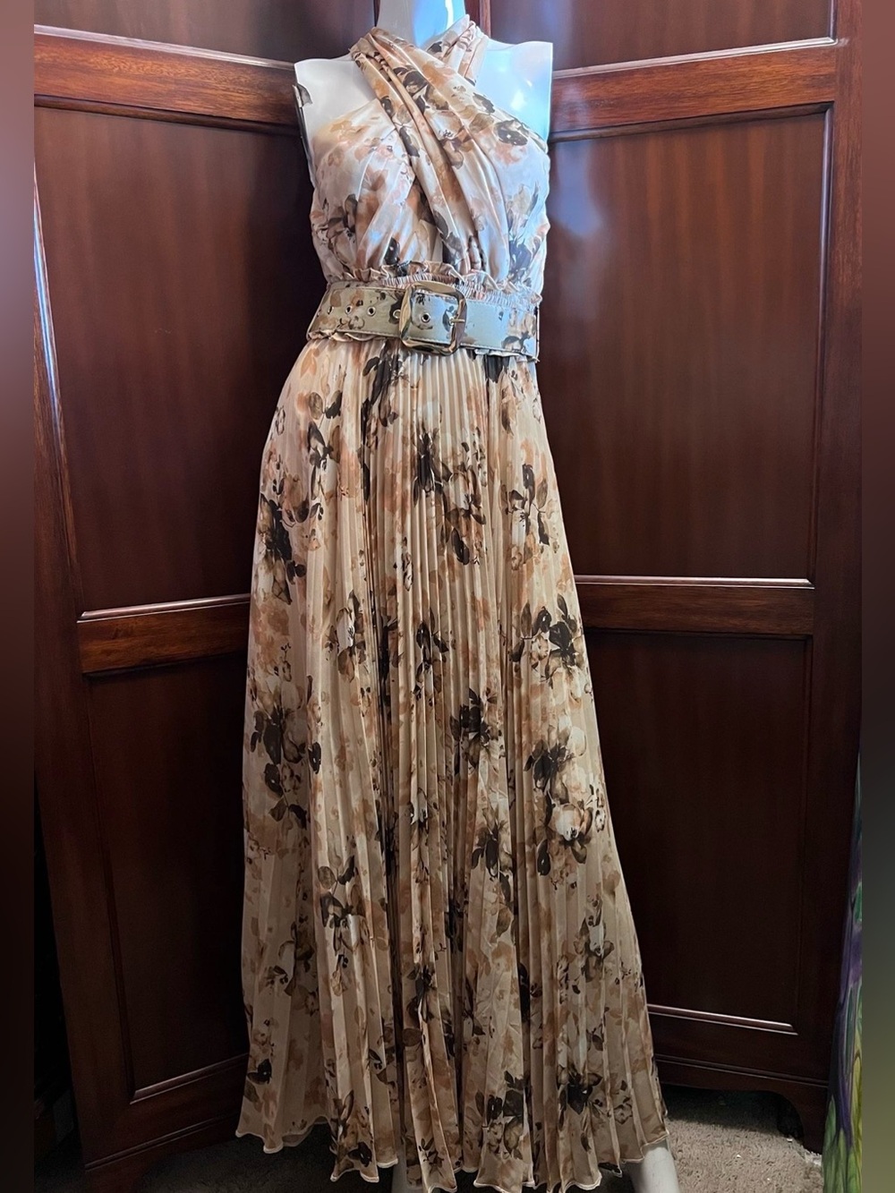 Elegant Beige & Brown Floral Pleated Halter Maxi Dress
